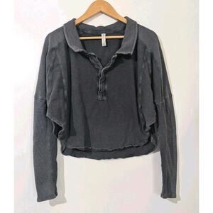 Daily Practice by Anthropologie Long-Sleeve Henley Top Large Gray Crop Waffle Z